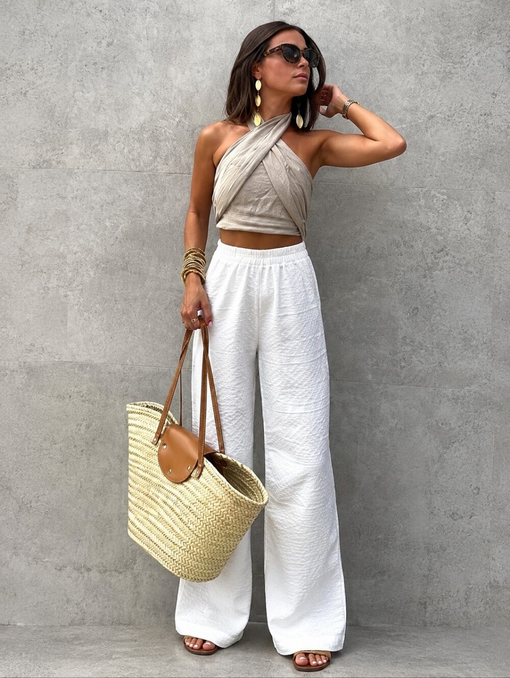 COMMENSE Medium Linen Cotton Cropped Wrap Top Beige Chic Boho Minimalist NWT